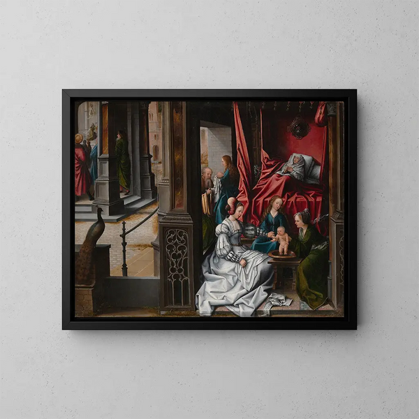 The Birth and Naming of Saint John the Baptist - Bernard van Orley — framed artwork on a wall