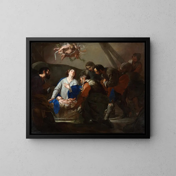 Adoration of the Shepherds - Bernardo Cavallino — framed artwork on a wall