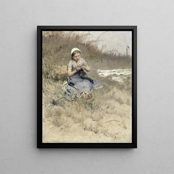 Girl Knitting - Bernardus Johannes Blommers — framed artwork on a wall