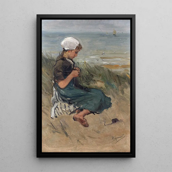 Girl knitting in the dunes - Bernardus Johannes Blommers — framed artwork on a wall