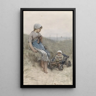 Bernardus Johannes Blommers - Vissersmeisje met kind in kinderwagen in de duinen.webp