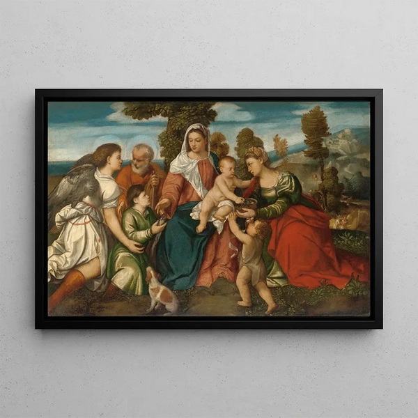 The Holy Family with Saint Dorothy and the Child John the Baptist and Tobiah with an angel - Bonifacio Veronese — framed artwork on a wall