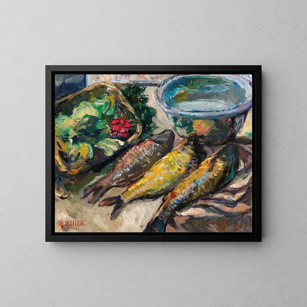 Nature morte avec trois poissons - Broncia Koller-Pinell — framed artwork on a wall
