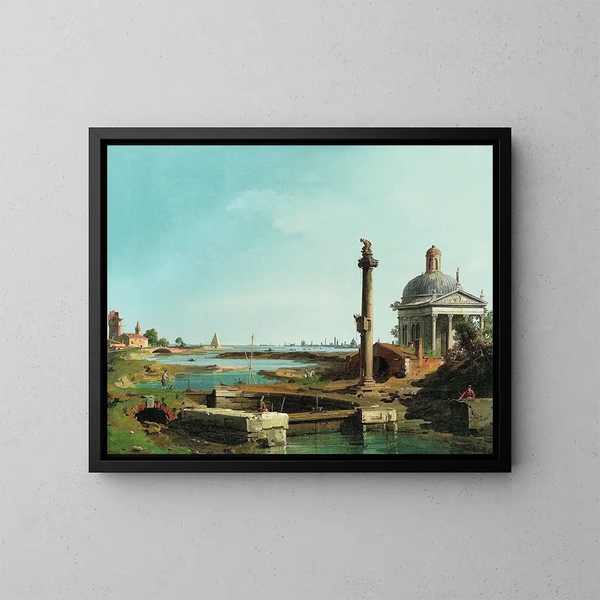 van een slot, een pilaar en een kerk aan de rand van een lagune - Canaletto — ingelijst kunstwerk aan de muur