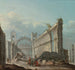 van een Caprice met figuren voor de ruïnes van een kerk - Pietro Bellotti — weergave van het kunstwerk