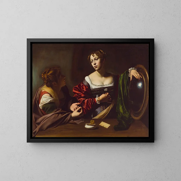 Martha and Mary Magdalene - Caravaggio — framed artwork on a wall
