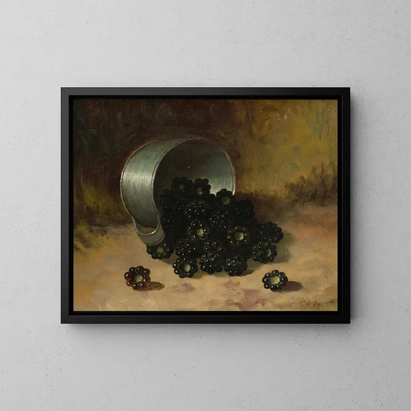 Blackberries overflowing from a tin cup - Carducius Plantagenet Ream — framed artwork on a wall