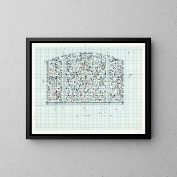 Conception for decorative glass panel with floral ornament - Carel Adolph Lion Cachet — framed artwork on a wall