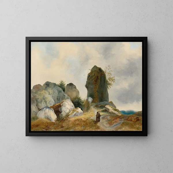 Hermit in a Rocky Landscape - Carl Blechen — framed artwork on a wall