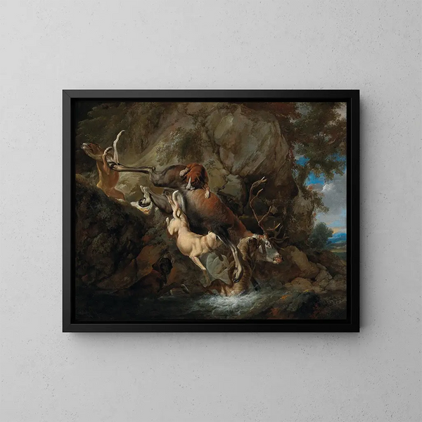 the dogs attacking a deer - Carl Borromäus Andreas Ruthart — framed artwork on a wall