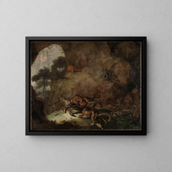Two tigers devouring a deer - Carl Borromäus Andreas Ruthart — framed artwork on a wall