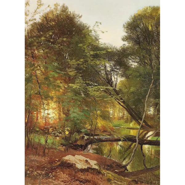 Sunset Forest Stream - Carl Frederik Aagaard — framed artwork on a wall