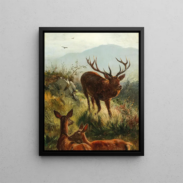 Cerfs et biches sur la colline - Carl Friedrich Deiker — framed artwork on a wall