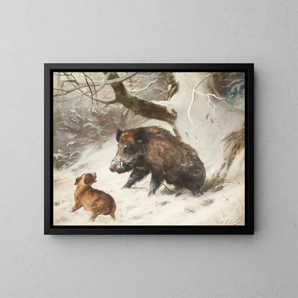 Hunting dog tracking a wild boar - Carl Friedrich Deiker — framed artwork on a wall