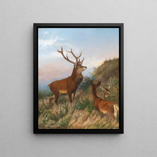 Red Deer at Twilight - Carl Friedrich Deiker — framed artwork on a wall