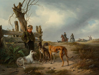 Carl Friedrich Schulz - Young boy resting beside a fence with hunting dogs.webp