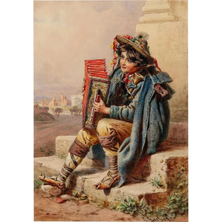Carl Goebel - An Italian boy with a harmonica in an Italian landscape with ruins.webp