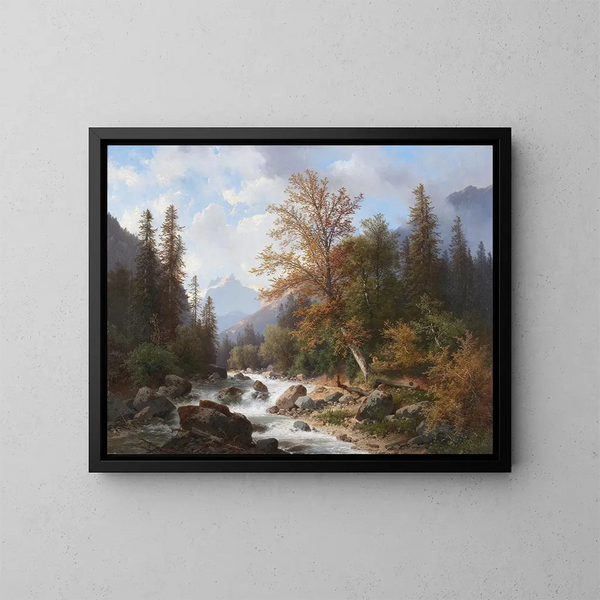 Mountain Stream Painting at Ramsau - Carl Hasch — framed artwork on a wall