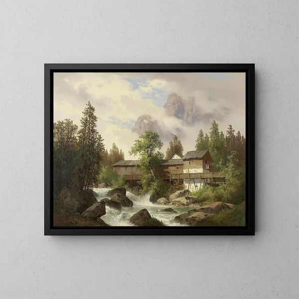 Landscape with sawmill - Carl Hasch — framed artwork on a wall