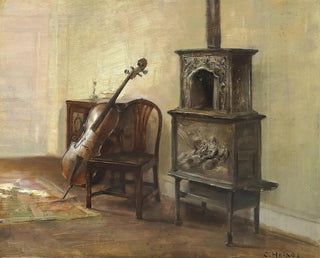 binnenkant met een cello - Carl Holse — weergave van het kunstwerk