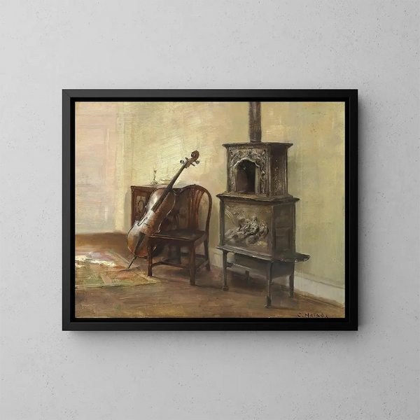 Interior painting with a cello - Carl Holse — framed artwork on a wall