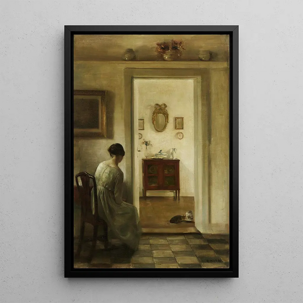 Reproductie van het schilderij Vrouw in een interieur met twee katten die melk drinken - Carl Holse
