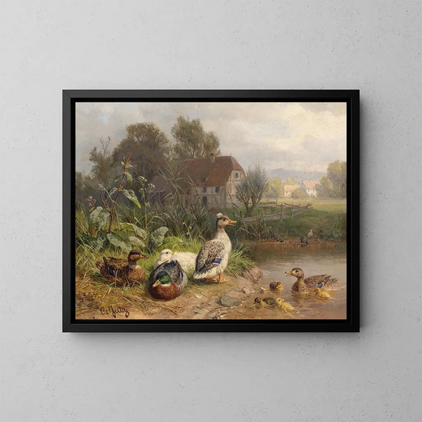 Ducks by the pond - Carl Jutz — framed artwork on a wall