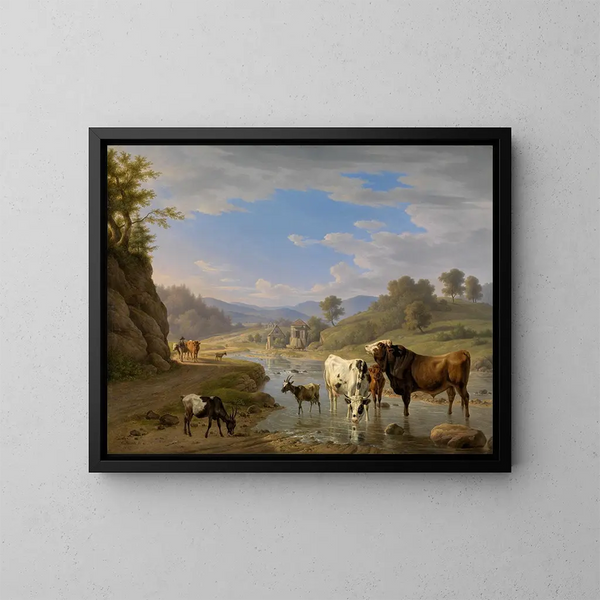 Vue de Geroldsau près de Baden-Baden avec des animaux - Carl Kuntz — framed artwork on a wall