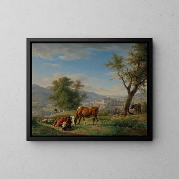Animal painting of grazing animals in the landscape near Baden-Baden - Carl Kuntz — framed artwork on a wall