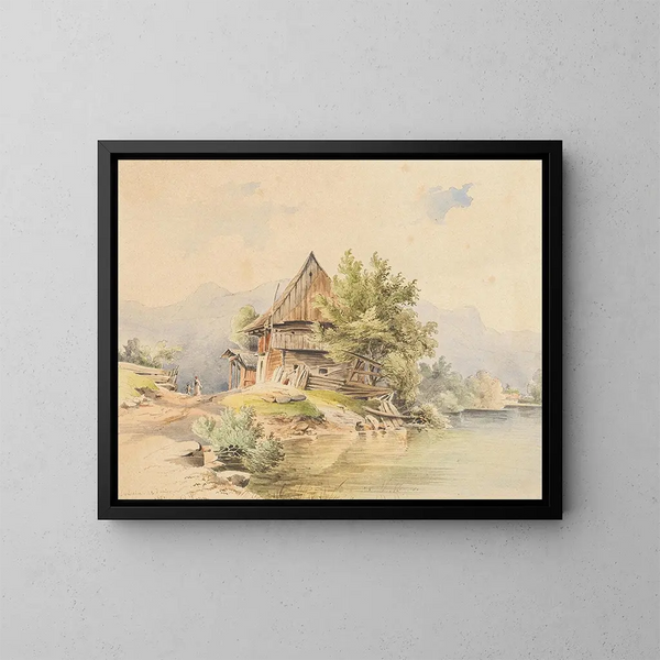 Cabin in Wood by the Lake - Carl Lafitte — framed artwork on a wall