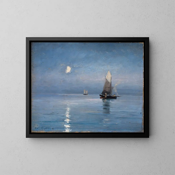 Bateaux de pêche sous la nuit éclairée par la lune - Carl Locher — framed artwork on a wall