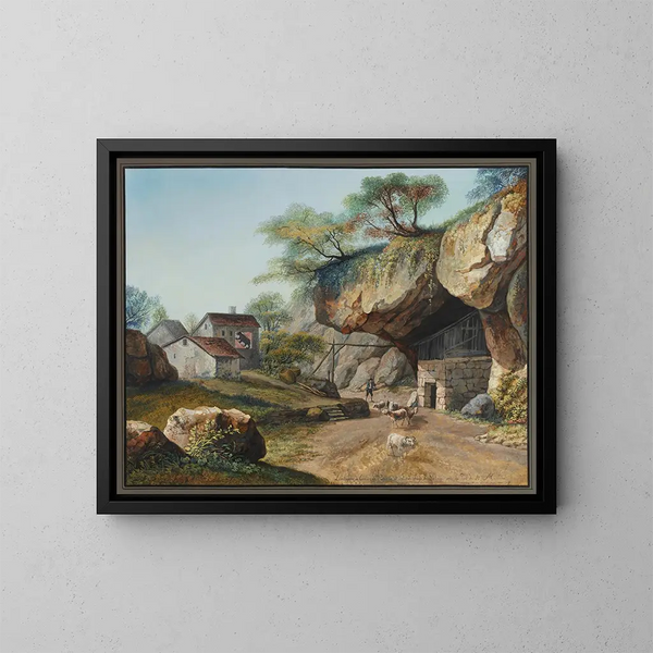 the Limitrophe Painting of the canton of Bern and the Valais near the Saint-Maurice bridge - Carl Ludwig Hackert — framed artwork on a wall
