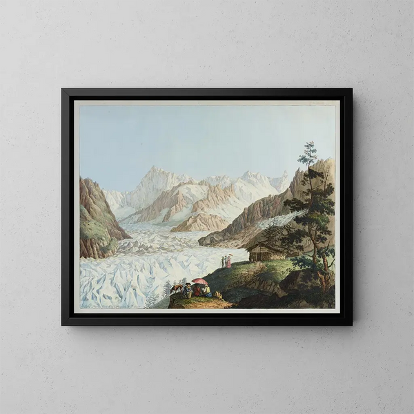View of the Mer de Glace and Blair Hospital from the summit of Montanvert in August 1781 - Carl Ludwig Hackert — framed artwork on a wall
