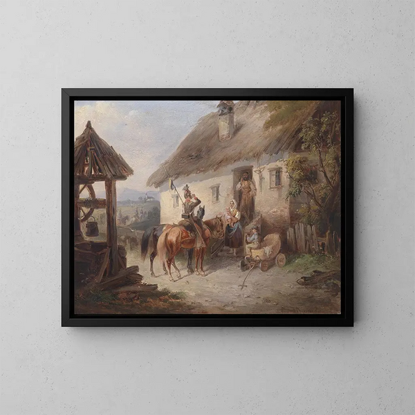 Austrian Uhlans painting in front of a farm - Carl Martin Ebersberg — framed artwork on a wall