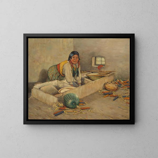 Woman Hopi corn form-fitting painting - Carl Moon — framed artwork on a wall