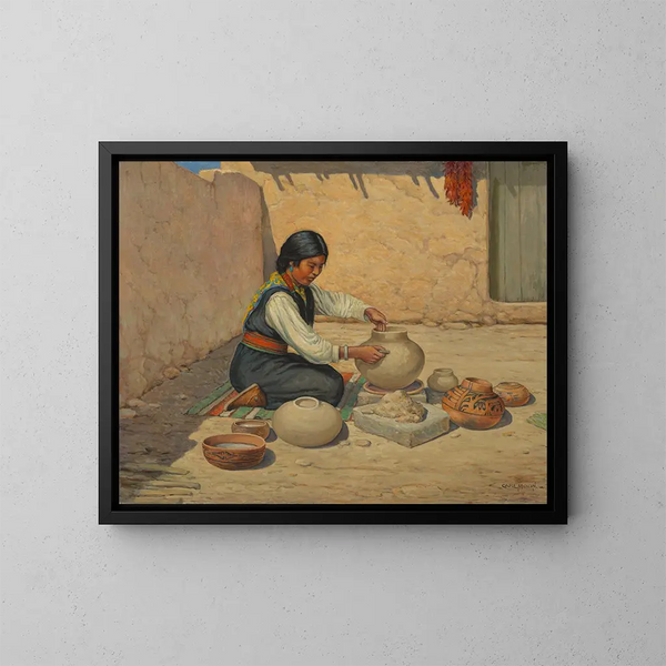 Femme hopi façonnant de la poterie - Carl Moon — framed artwork on a wall
