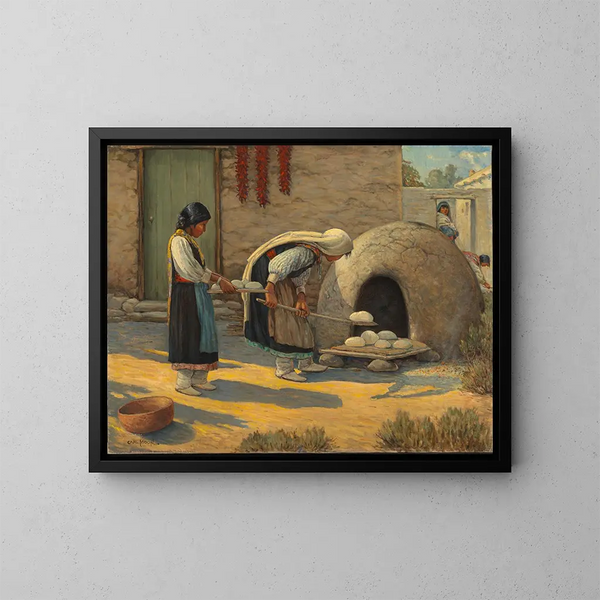 Women Baking Bread - Carl Moon — framed artwork on a wall
