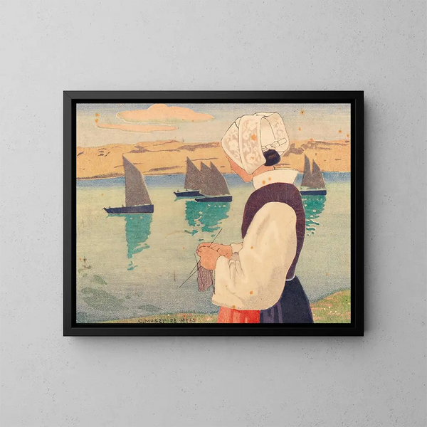 Breton Painting of a woman knitting - Carl Moser — framed artwork on a wall