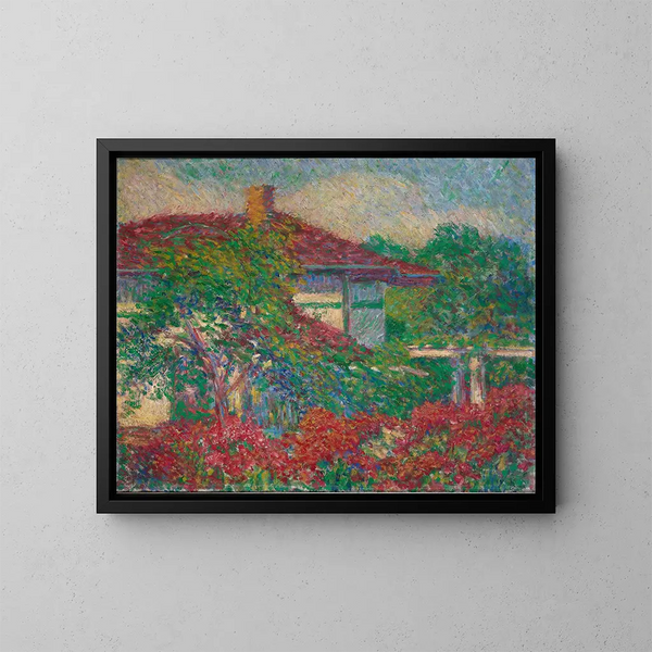 Landscape with building with red roof - Carl Newman — framed artwork on a wall