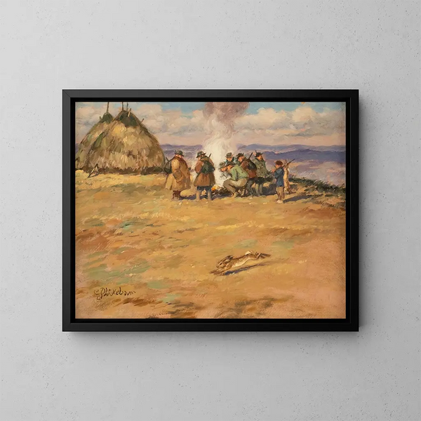 Na de konijnenjacht - Carl Plückebaum — ingelijst kunstwerk aan de muur