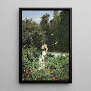 Carl SchlichtingCarlsen - Ung dame i hvid kjole plukker hindbr i Ordrup Krat.webp