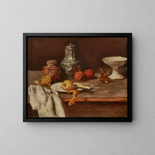 Ginger jar with half orange - Carl Schuch — framed artwork on a wall