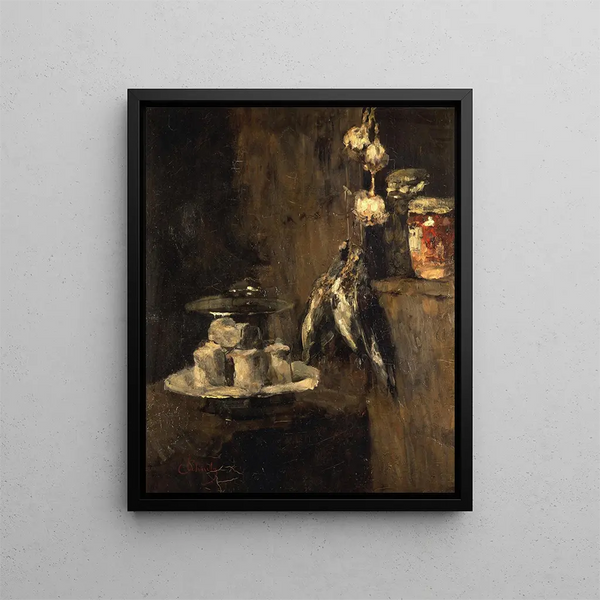 Nature morte aux perdrix et au fromage - Carl Schuch — framed artwork on a wall