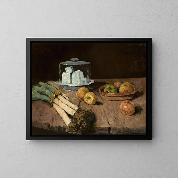 Still life with leeks, apples, and cheese - Carl Schuch — framed artwork on a wall