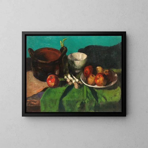 Still life with apples and spring onions - Carl Schuch — framed artwork on a wall