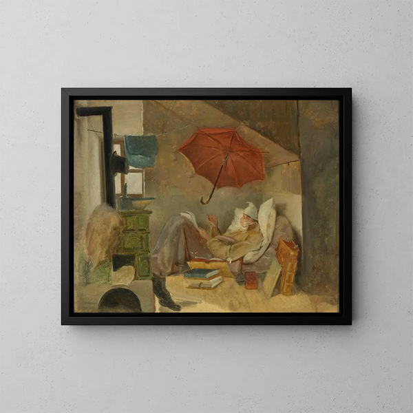 De arme dichter - Carl Spitzweg — ingelijst kunstwerk aan de muur
