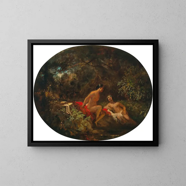 Vrouwen die baden in een bosvijver - Carl Spitzweg — ingelijst kunstwerk aan de muur