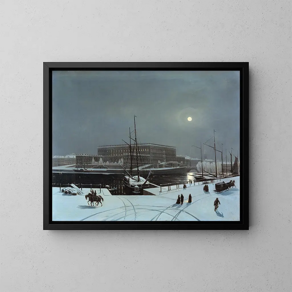 Vue du Palais Royal de Stockholm en hiver - Carl Stefan Bennet — framed artwork on a wall