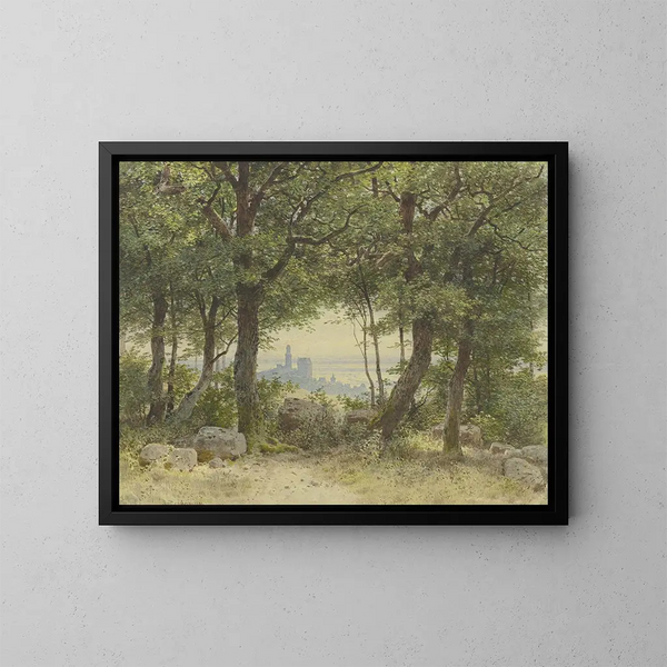 View of Kronberg with a wide panorama towards the horizon from the Falkenstein forest exit - Carl Theodor Reiffenstein — framed artwork on a wall