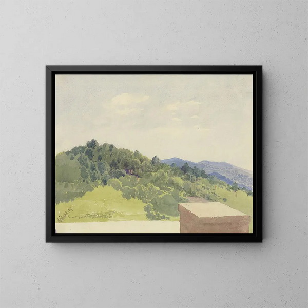Mountain landscape painting seen from a fortress - Carl Theodor Reiffenstein — framed artwork on a wall